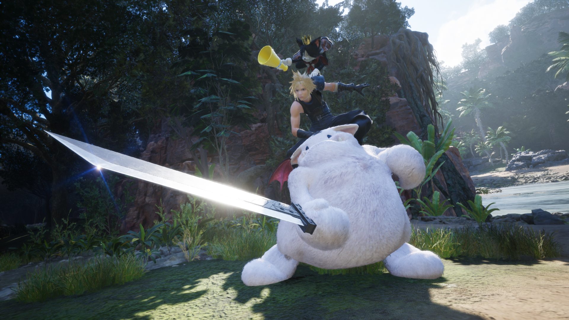 Cloud rides a chocobo through canyon terrain in an official Final Fantasy VII Rebirth screenshot from Square Enix and Nintendo.