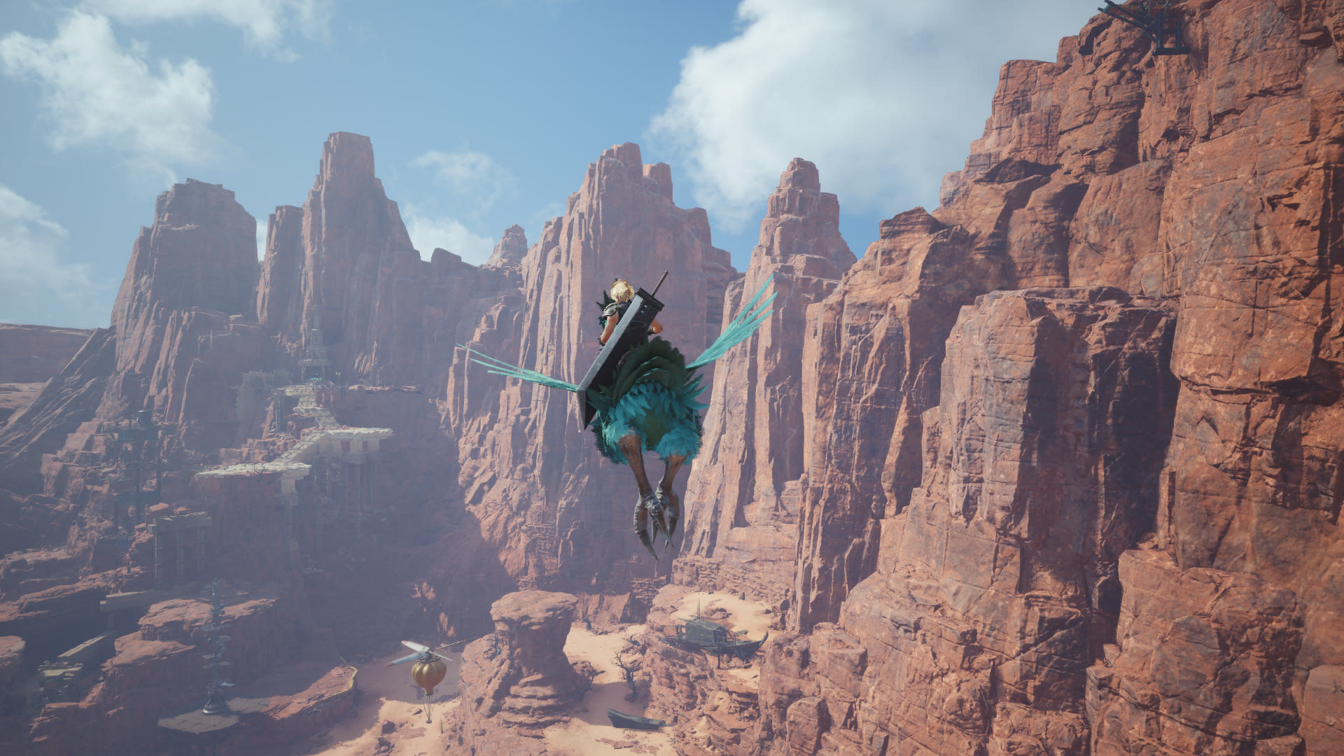 Official Final Fantasy VII Rebirth screenshot from Square Enix and Nintendo showing Cloud riding through canyon terrain.