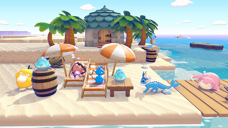 Pokemon Pokopia screenshot with multiple characters in a developed space.