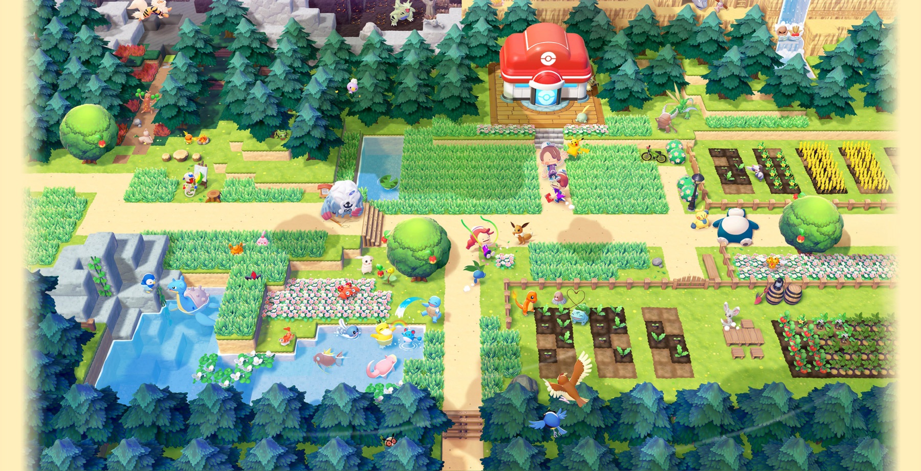 Pokemon Pokopia key art showing the world and its cozy building aesthetic.